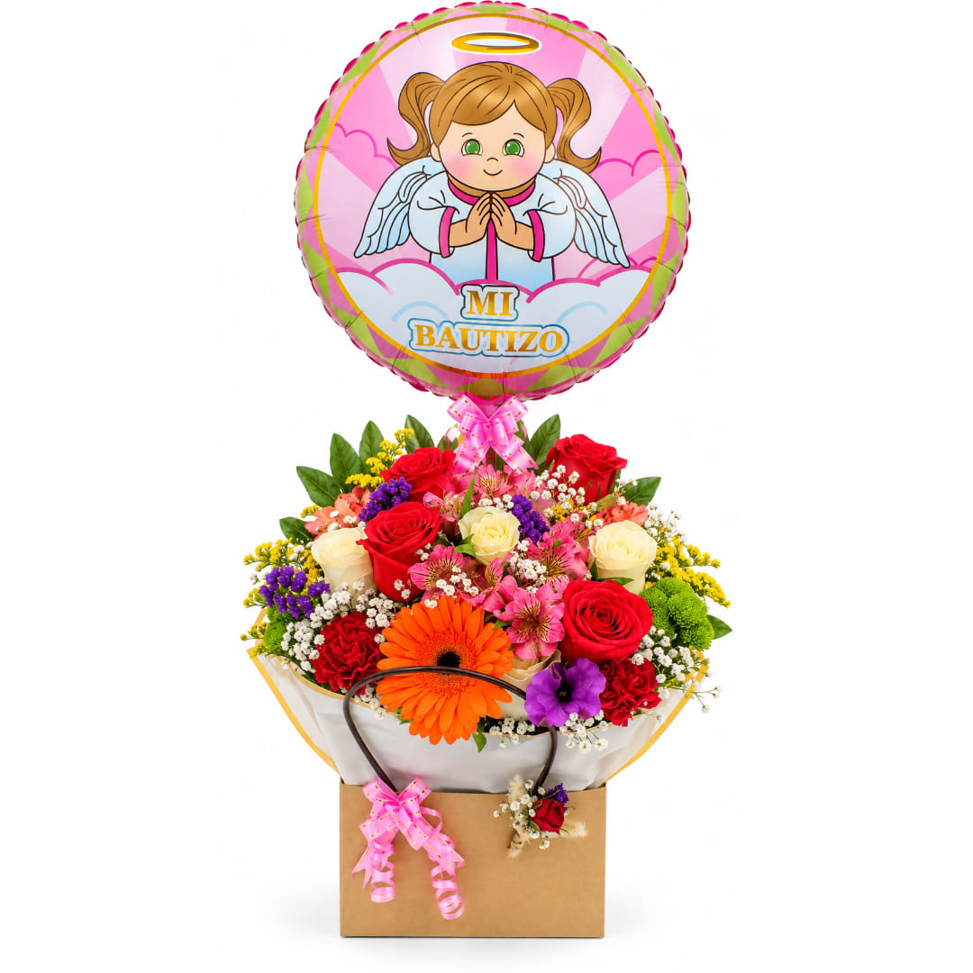 Bouquet of mixed flowers with a baptism balloon in a gift box