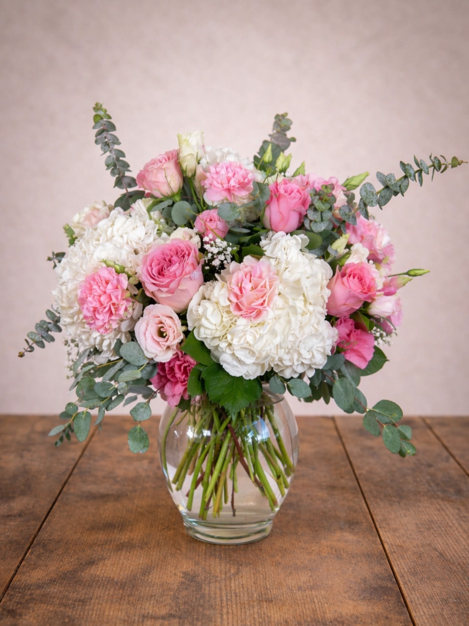 Pretty in Pink Rose and Hydrangea - pretty in pink arrangement, pink flower arrangement, pink roses, pink lilies, rose and lily bouquet, feminine flower arrangement, birthday flowers Round Rock, anniversary flowers Round Rock, get well flowers Round Rock, flower delivery Round Rock TX, florist near Austin, Floral Fabulous