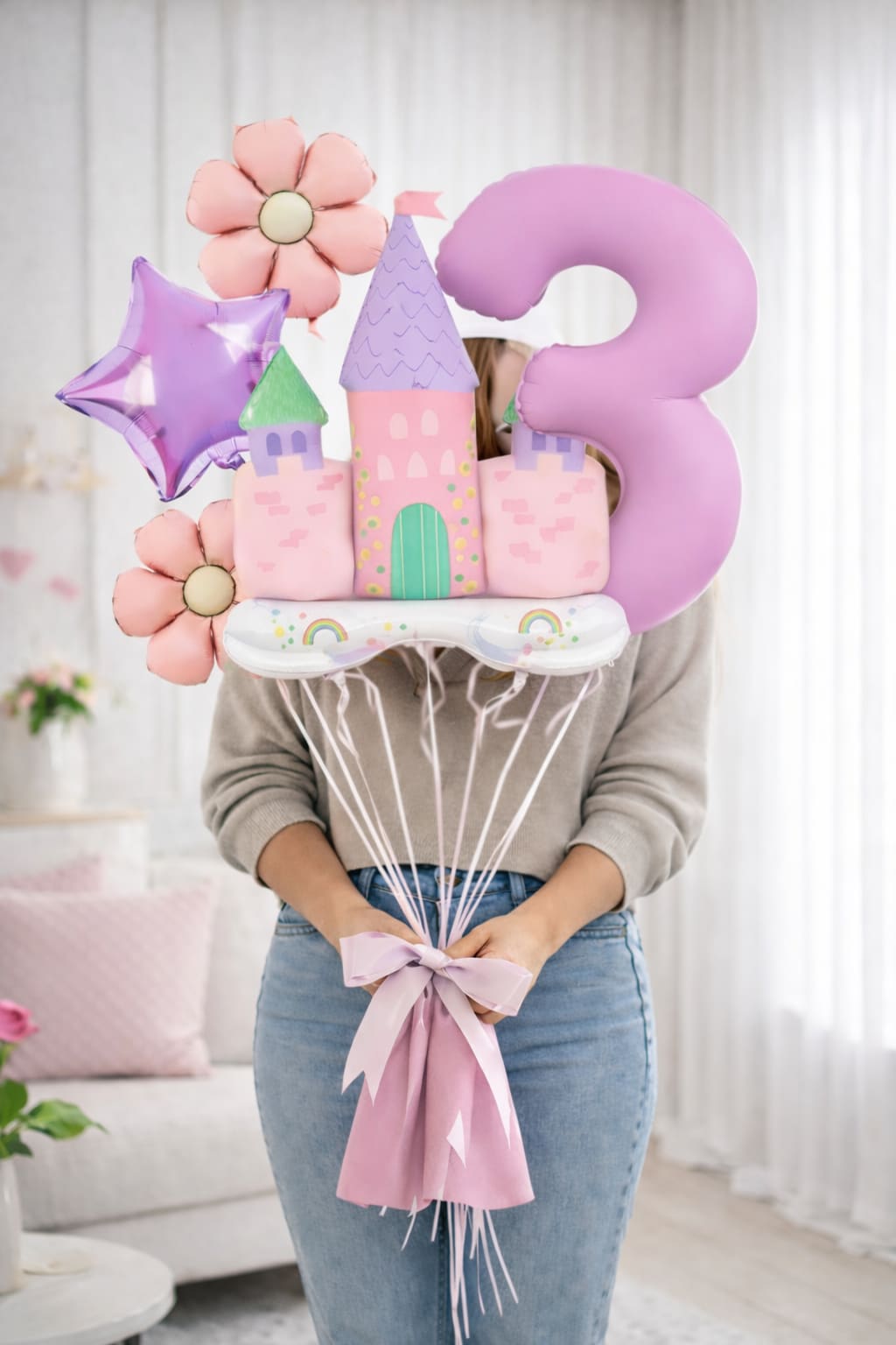 Pastel birthday balloon bouquet with a castle, flowers, star, and number 3