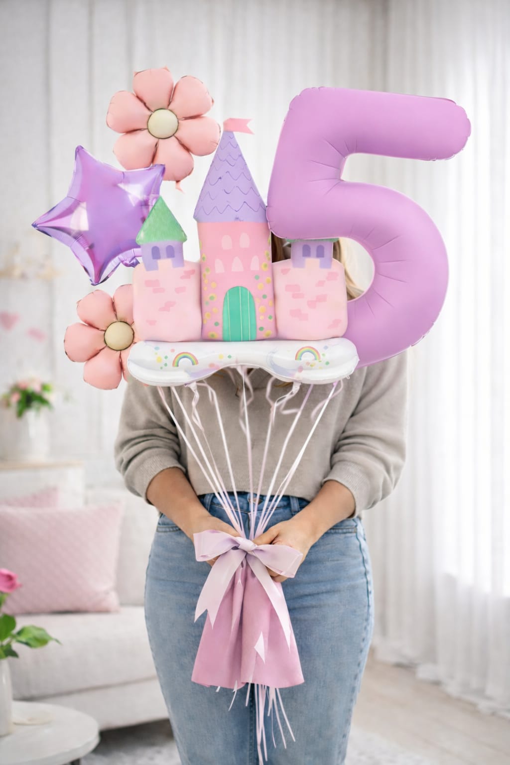 Person holding pastel castle and number 5 balloons with flowers