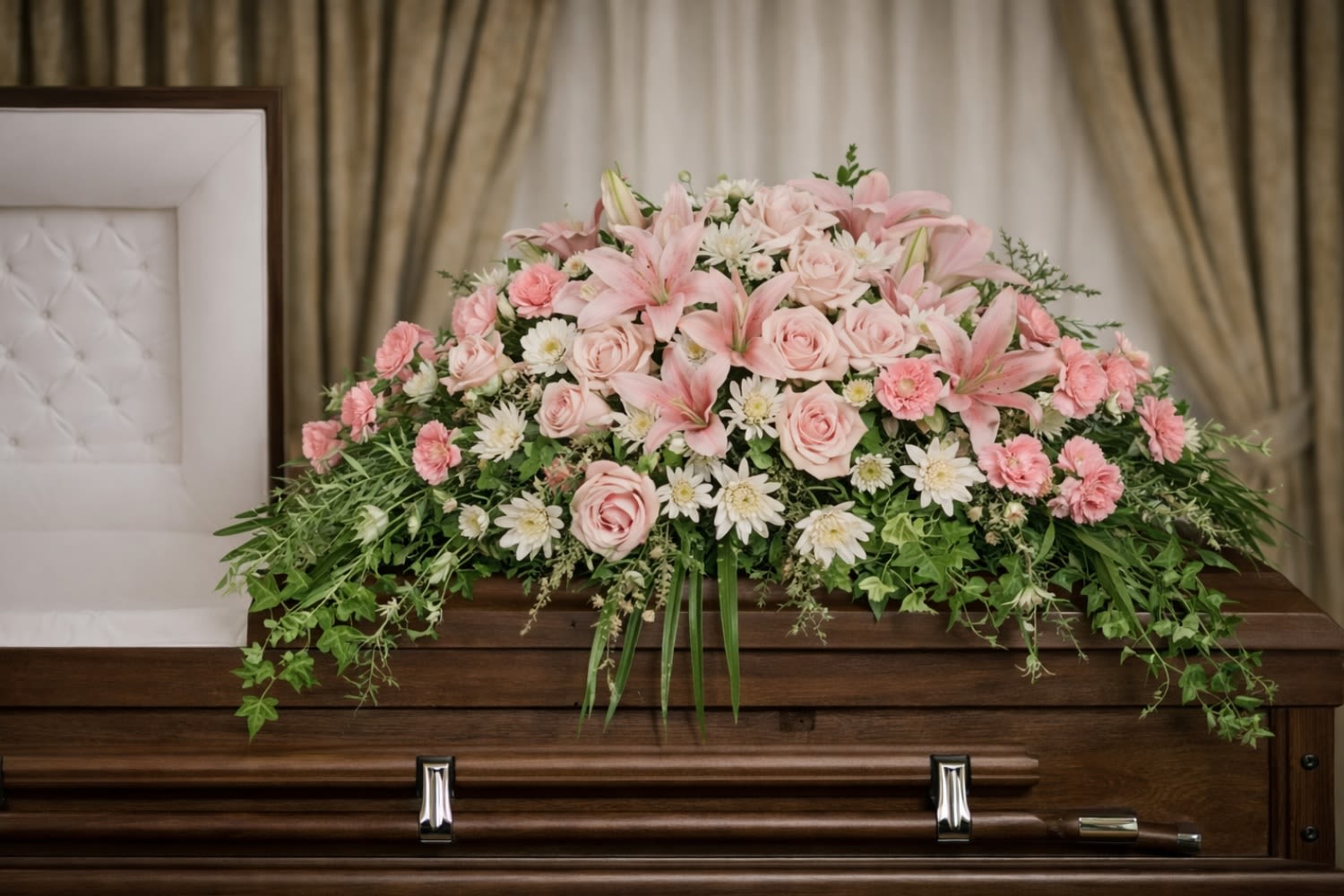 Softly Resting Casket Spray  - The Softly Resting Casket Spray from FloralFabulous is a delicate and heartfelt tribute designed to honor a loved one with grace, tenderness, and beauty. This elegant arrangement features soft pink roses, graceful lilies, delicate carnations, and fresh white daisies, all thoughtfully arranged with flowing greenery.  The gentle pink and white color palette symbolizes love, peace, compassion, and remembrance—making it an ideal choice for honoring mothers, grandmothers, daughters, or any cherished loved one. Designed to rest gracefully atop the casket, this arrangement creates a serene and comforting focal point during funeral and memorial services.  The Softly Resting Casket Spray offers a meaningful expression of sympathy, bringing comfort and support to family and friends while celebrating a life filled with love and cherished memories.  FloralFabulous proudly provides funeral flower delivery and sympathy arrangements in Round Rock, TX and the greater Austin area, helping families express heartfelt condolences with beauty and care.