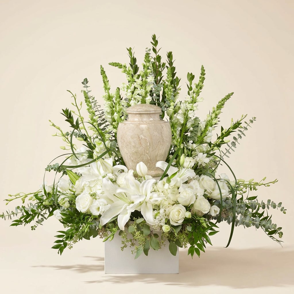 Grace Notes - A halo of white lilies and roses creates an immediate sense of calm and reverence-Grace Notes is a white-and-green flower arrangement that works beautifully as a sympathy tribute, a wedding centerpiece, or a thoughtful everyday celebration bouquet. The arrangement's formal, balanced silhouette feels composed and comforting, the kind of floral gift that helps the person you're thinking of feel seen and soothed.  Dense rings of white lilies, roses, and small white accent blooms are gathered around a beige ceramic urn set on a white pedestal base, while tall snapdragon-like spikes and airy greenery rise above for vertical elegance. Trailing foliage extends outward from the urn to form a full, symmetrical profile; the neutral palette and ceramic vessel keep the look refined and versatile for many settings.  For sympathy, ceremony, or any moment that calls for peaceful beauty, Grace Notes reads as both respectful and quietly celebratory-she'll feel comforted and honored by its presence. The piece arrives ready to display on the included pedestal base; misting the blooms and keeping the arrangement out of direct heat will help it stay fresh longer.