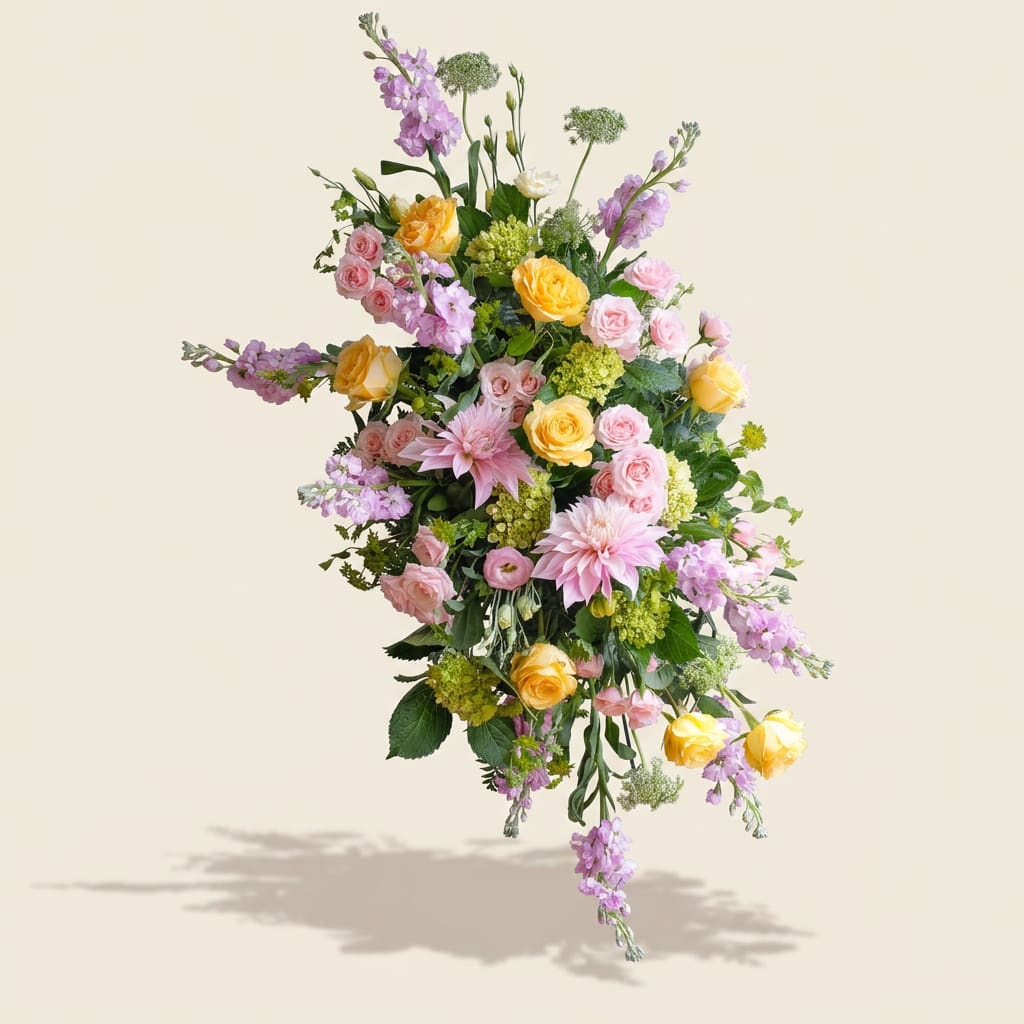 A Quiet Peace - Soft pink roses and larger daisy-like dahlias mingle with sunny yellow roses and lavender stock in a tall, airy arrangement designed to feel like a carefree garden moment - perfect as a spring birthday bouquet, a thank-you arrangement, or a cheerful just-because floral gift. The vertical, slightly cascading shape gives the piece a romantic, whimsical energy that will make the person you're thinking of feel comforted and delightfully surprised.  This mixed-color bouquet pairs soft pinks, pale yellows, and touches of purple across roses, dahlias, stock, and complementary greenery for texture and movement. The loose, layered composition sends blooms gently outward in several directions for a lively, natural silhouette that looks beautiful in a tall vase or on a dining table. Sized to read as an everyday but special arrangement, it's an inviting choice when you want someone to feel seen, celebrated, or simply brightened by a quiet, peaceful bouquet.