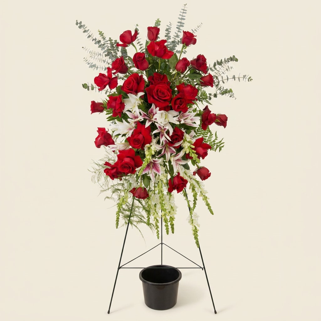 A Lasting Rose - A Lasting Rose makes a solemn, comforting statement as a sympathy standing spray - the tall arrangement is designed to offer presence and tribute at a memorial service or graveside. Layers of deep red roses surround luminous white lilies and pink-tinted star-shaped blooms, creating a strong vertical silhouette that reads as both traditional and heartfelt for a funeral or remembrance occasion.  The composition is dense and structured, with airy eucalyptus-like foliage and soft trailing greenery softening the edges and adding movement. Displayed on a black metal easel with a black bucket at the base, the piece arrives ready to stand with dignity; the red, white, and green palette provides striking contrast while keeping the overall tone respectful and refined.  For the person you're remembering, this spray conveys enduring affection and sympathy in a formal setting. The upright size and easel display suit services and cemetery placements; please let us know service details at checkout so we can prepare the arrangement for delivery or pickup.