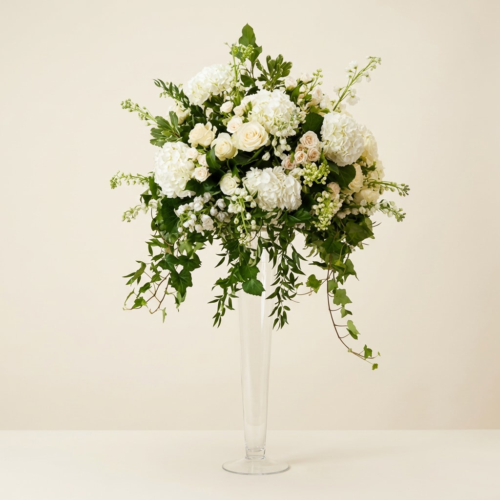The Tall Garden - A tall, elegant wedding centerpiece, perfect for ceremony aisles or reception tables where white and green décor is called for. The Tall Garden wedding arrangement pairs rounded white hydrangea heads with small cream roses and other white blooms to create a dense, luminous cluster that reads formal and refined-an ideal choice for bridal bouquets or altar arrangements that need a classic, romantic feel.  Set in a clear tall glass vase, the compact floral mass softens into a graceful cascade as trailing ivy and fresh green foliage spill downward. The restrained white-and-green palette keeps the look timeless while the mixture of textures-velvety rose petals, cloud-like hydrangeas, and airy greenery-gives the arrangement visual depth from every angle. The tall proportions make it a strong focal point for wedding décor; care is simple with regular water changes to keep the hydrangeas and roses looking fresh through the day.