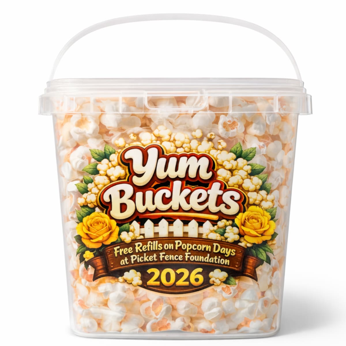 Clear plastic bucket filled with popcorn and a printed label