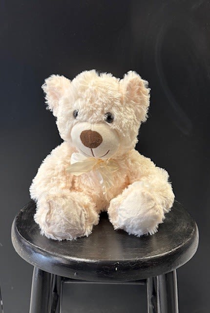 #A021 - Cuddle Bear - A cuddly cream plush teddy bear creates an irresistible gift for Mother's Day, a new baby celebration, or an "I'm thinking of you" surprise. The soft rounded face, stitched brown smile, and light satin bow give this bear a warm, nostalgic presence that says comfort and care-perfect for birthdays, get-well wishes, anniversaries, or to brighten a graduation or housewarming.   This bear balances gentle pastels with modern contrast for a look that reads both sweet and stylish. The bear's plush texture and calming palette make her (or him) feel truly seen-ideal for Valentine's Day, Father's Day, baby showers, or simply to say thank you or sorry.   Shipping available - select Delivery, then message us to ship.
