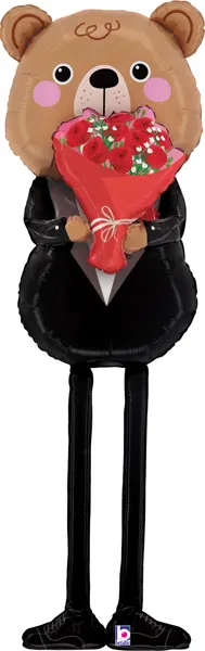Bear-shaped balloon holding a bouquet of red flowers