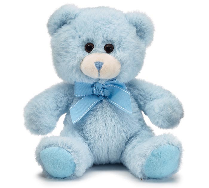 Light blue teddy bear with a ribbon bow