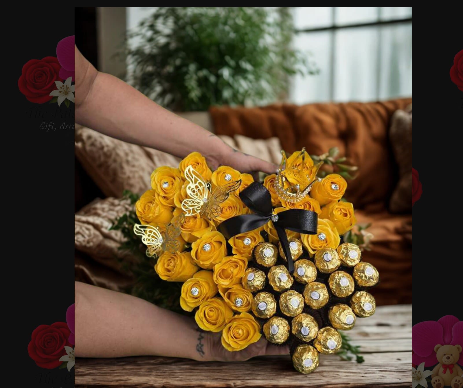 Yellow rose bouquet with Ferrero Rocher chocolates and a black ribbon