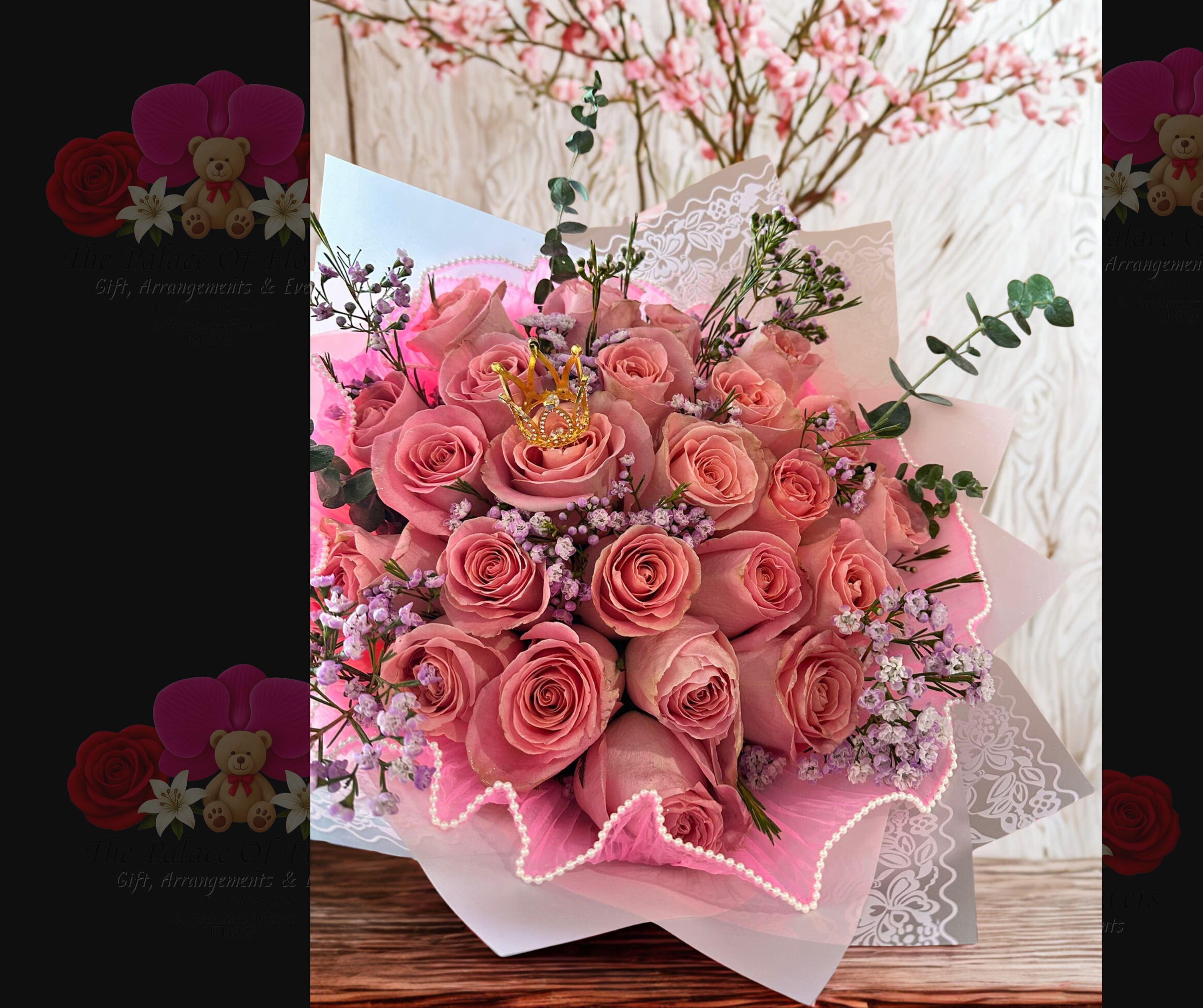 Pink rose bouquet with a small crown topper and decorative wrapping
