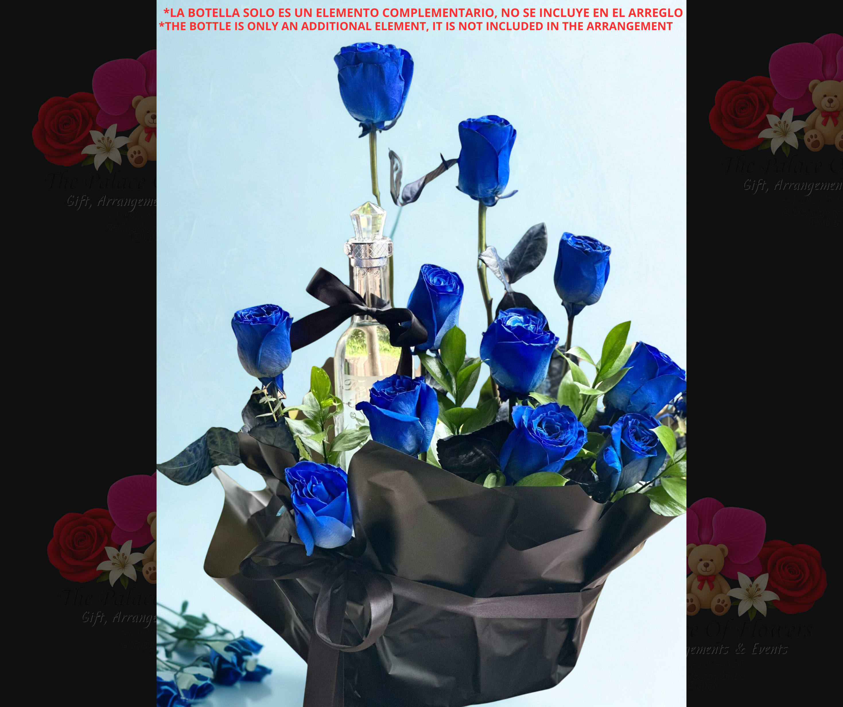 Bouquet of blue roses wrapped in black paper with a bottle centerpiece