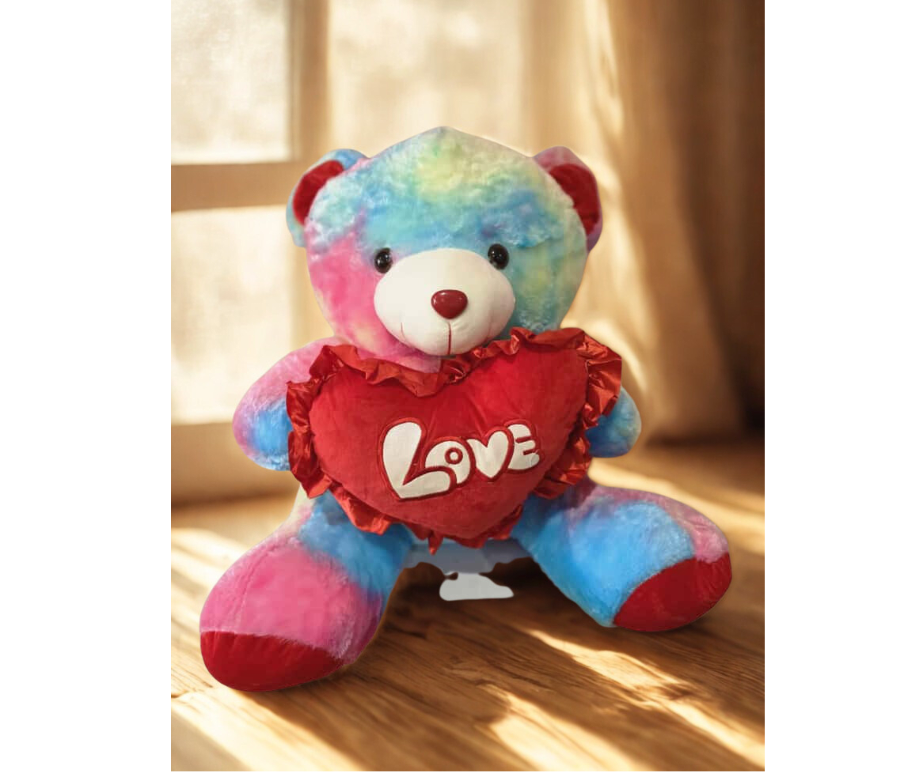 Colorful teddy bear holding a red heart with the word Love