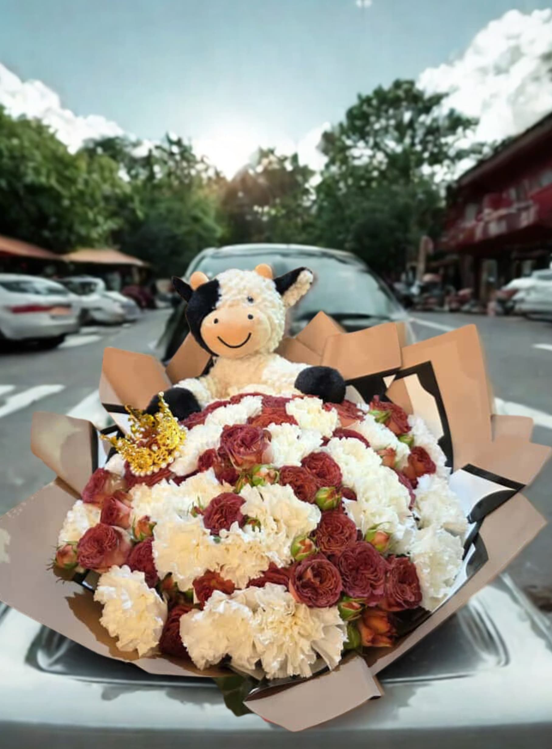 Bouquet of red and white carnations with a plush cow topper