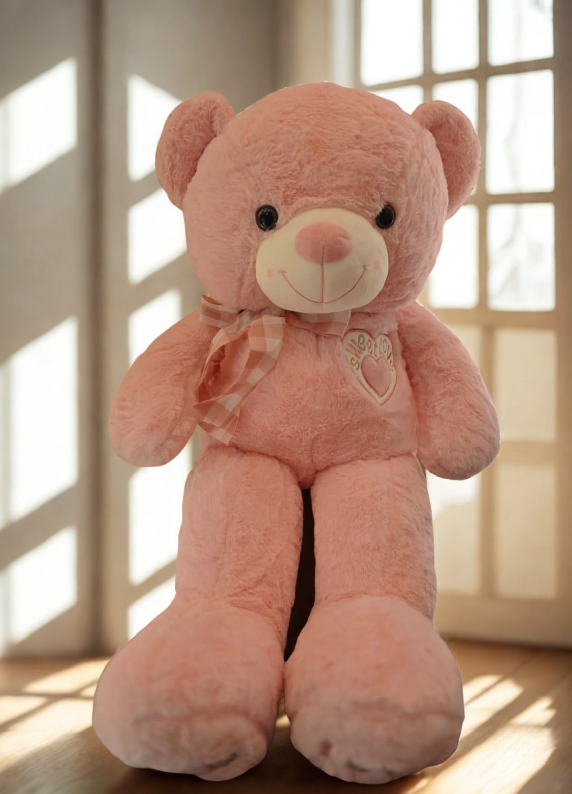 Pink teddy bear with a plaid ribbon sitting indoors