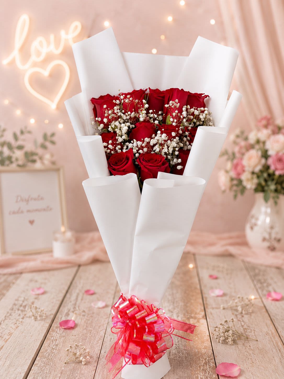 12 Red Roses  - 12 Red Roses Wrapped in Paper with a Decorative Bow