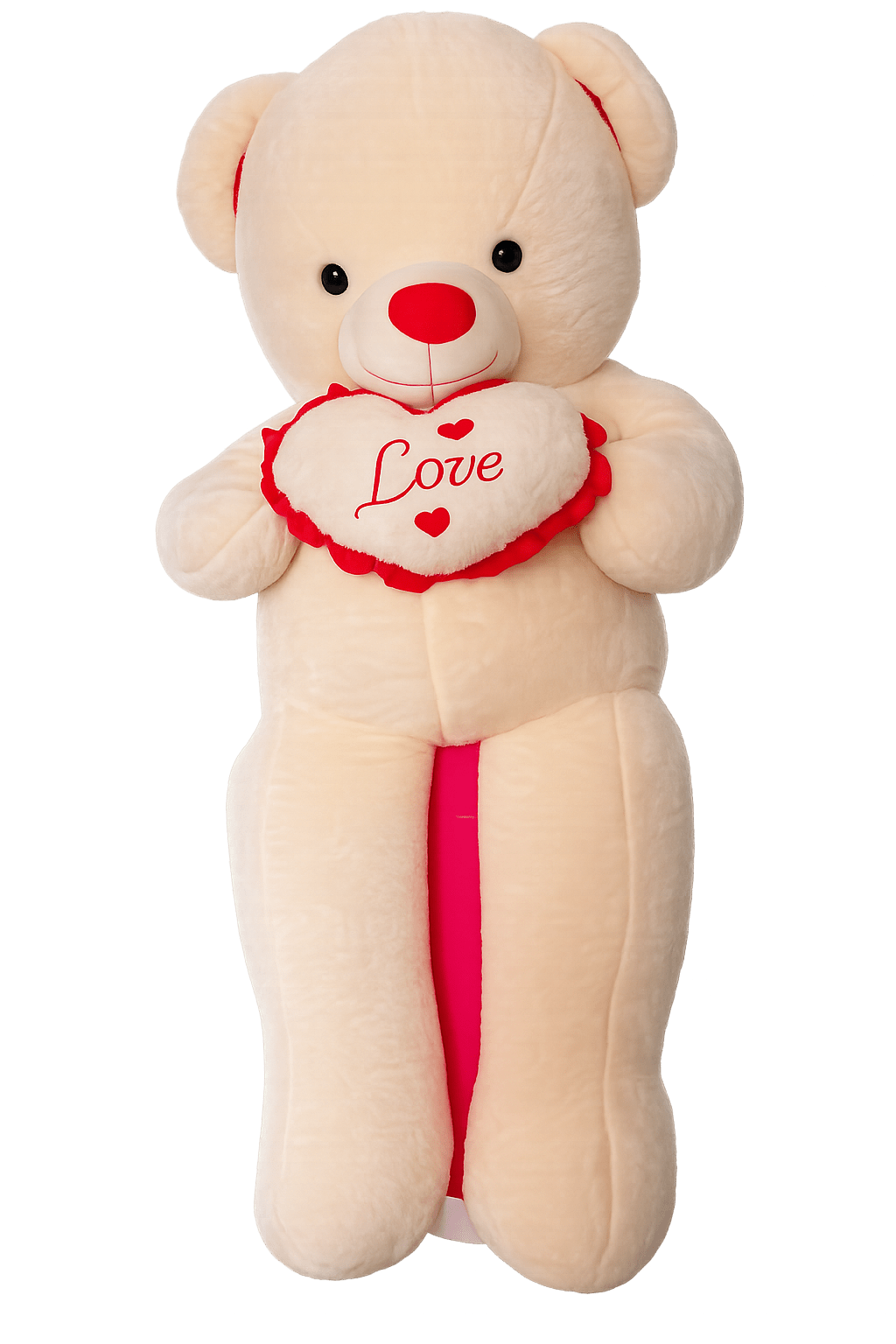 Cream teddy bear holding a heart with the word Love
