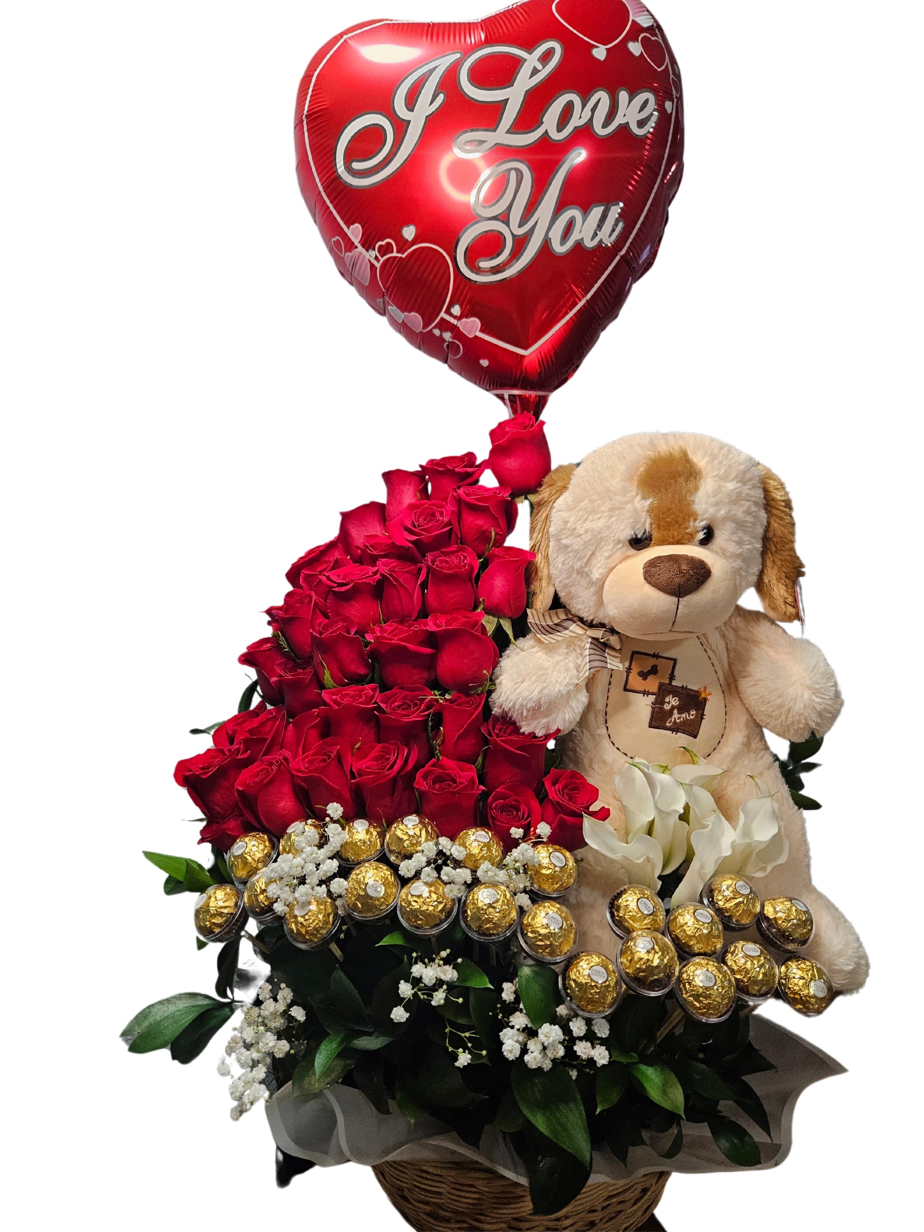 Red rose arrangement with a heart balloon, teddy bear, and chocolates in a basket