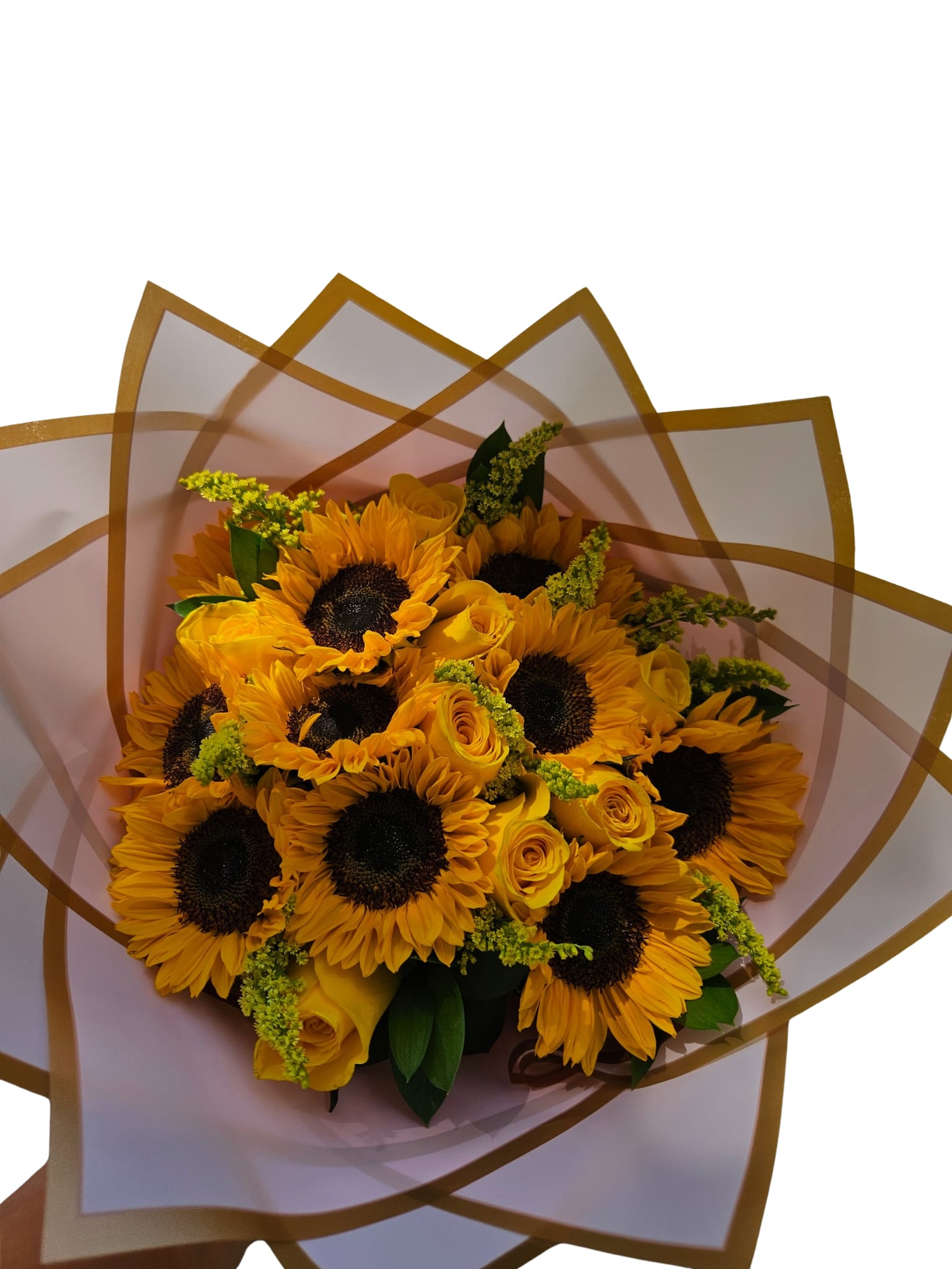 Bouquet of yellow sunflowers and roses wrapped in translucent paper