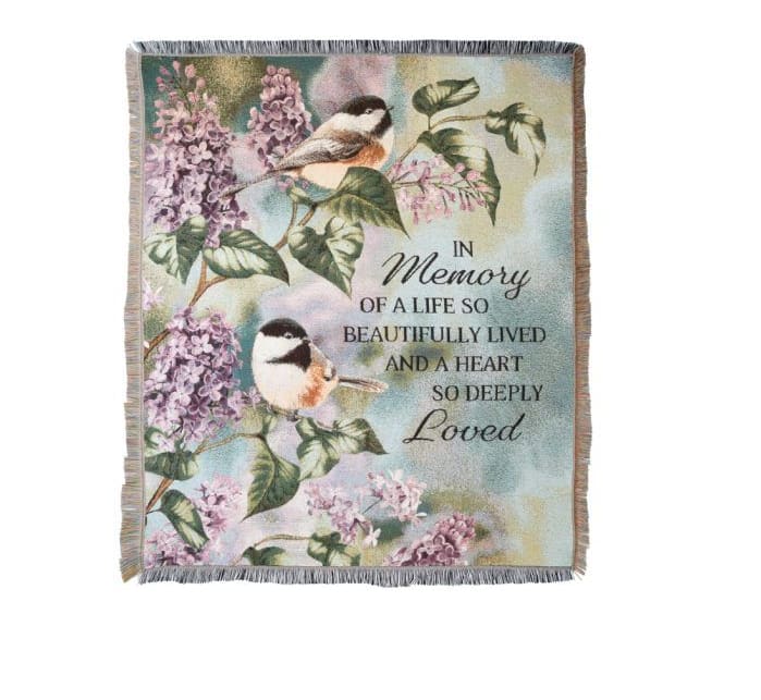 Printed memorial blanket with birds and lilac flowers