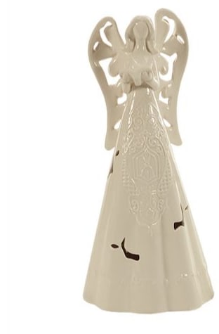 Cream ceramic angel figurine with cutout wings and a long robe