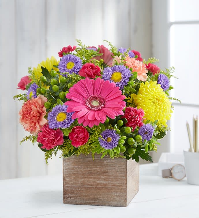 Encouragement Bouquet - Someone needs a little cheering up? This playful bouquet of bright colors will make your favorite person feel a little better right away. The colorful flower varieties give strength and positive energy. Make the recipient shine with this cheerful floral creation!