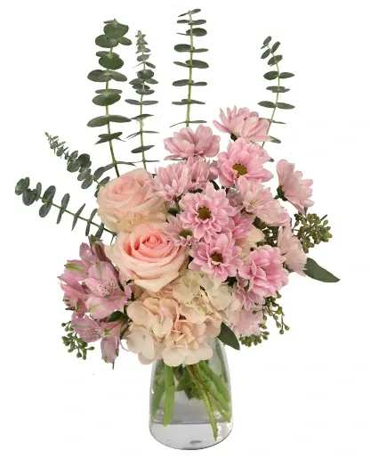  Wispy Pinks  Arrangement - Bring soft elegance to any occasion with Wispy Pinks, a beautiful flower arrangement featuring a lush pink hydrangea, romantic pink roses, lavender alstroemeria, and dainty daisy poms. This airy bouquet captures the essence of delicate beauty and charm and is perfect for expressing love, celebrating birthdays, or adding a touch of grace to any space. Order this airy bouquet today. 