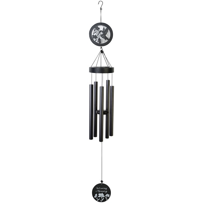 Black memorial wind chime with a hummingbird and "In Loving Memory" plaque