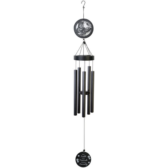 "Faith Friends Family" 45" Solar Chime - Our laser cut chimes consist of 5 center-pinned tubes that emit sweet and gentle tones. These chimes feature all aluminum construction with powder coat, an adjustable striker and an LED solar light that will remain on for 8 hours with a full daytime charge.  L: 45" W: 5.25"