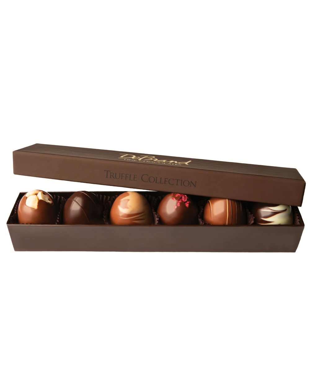 Box of assorted chocolate truffles in a brown gift box