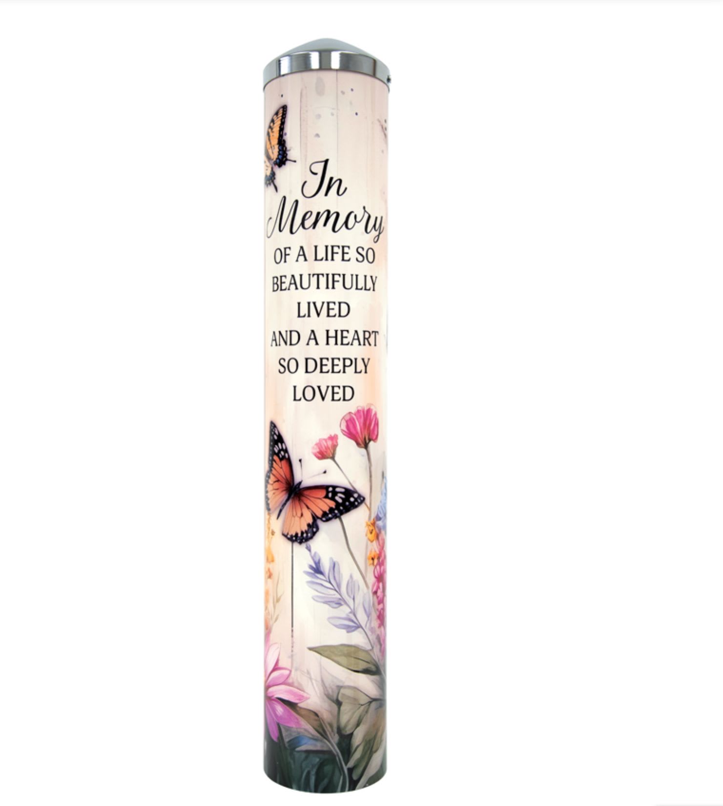 Memorial candle with butterflies and floral artwork