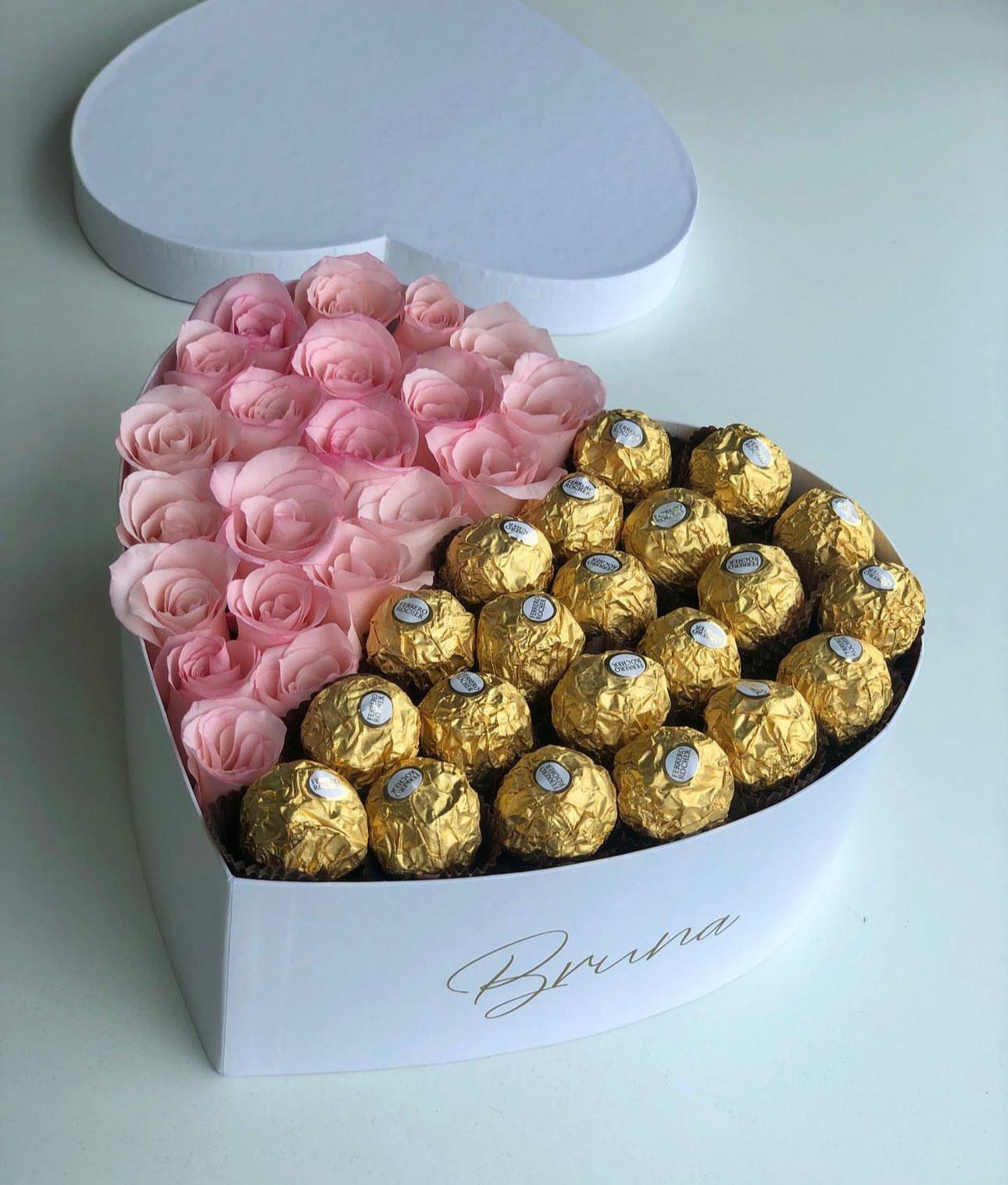 Light pink with Ferrero Rocher heart box - indulgent Ferrero Rocher chocolates nestled in a heart shaped gift box with delicate baby pink roses. the perfect gift for anniversaries, birthdays, or any special occasion.