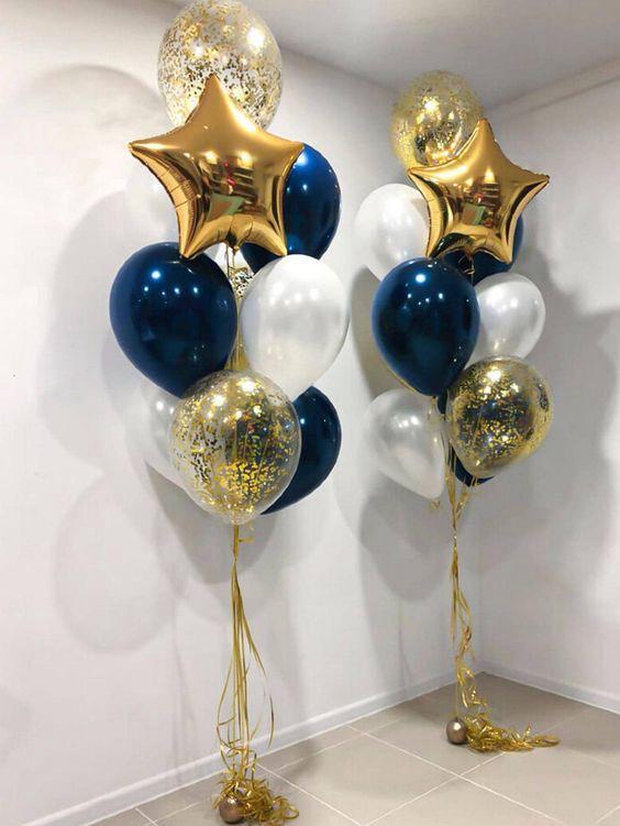 #241 - perfect for any event or just because. consist of   3 white, 3 black, 2 clear confetti latex and 2 gold start mylar balloons + balloon weight.