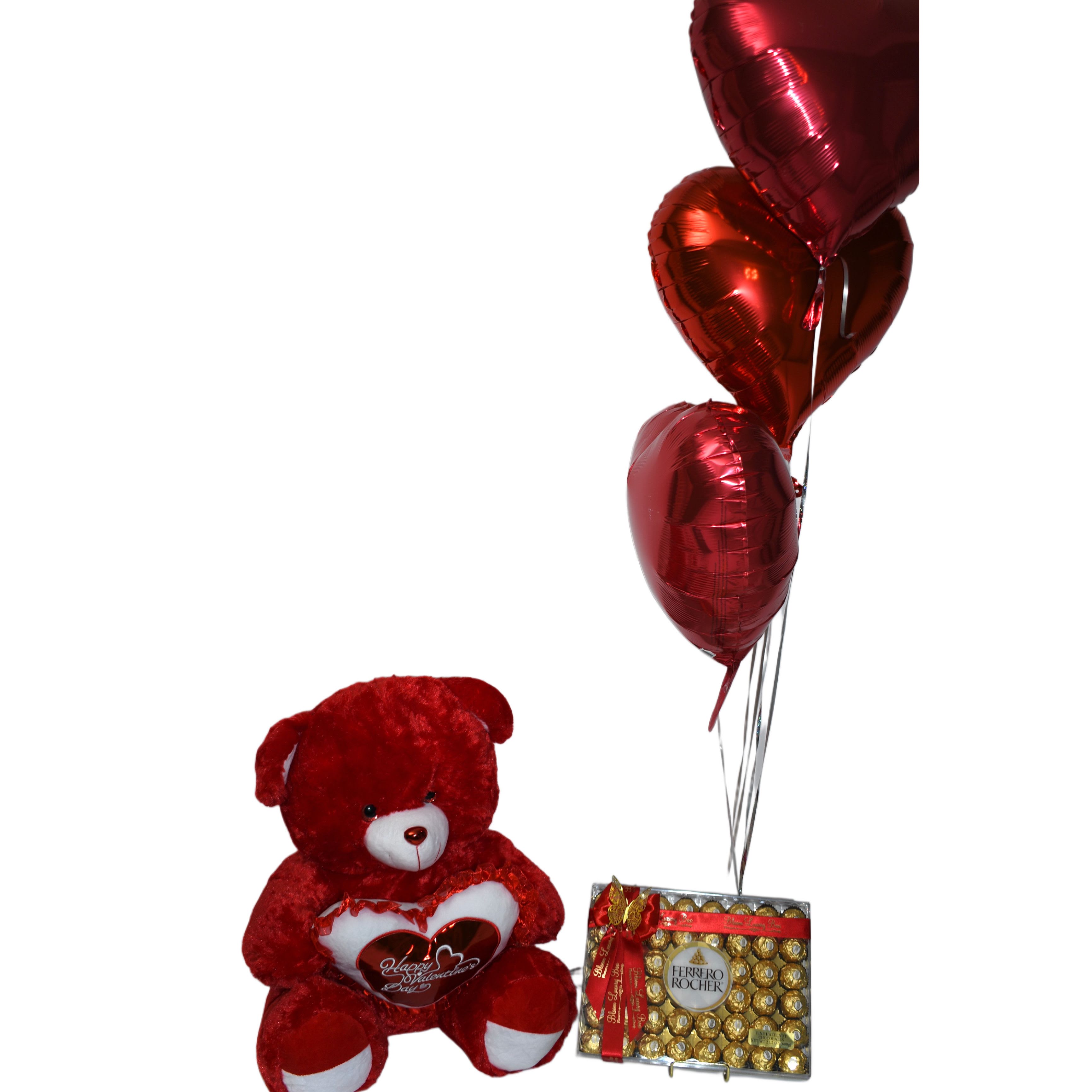 Bloom red bear set  - 20 inch bear  Set of 3 heart helium balloon  Box of Ferraro chocolate  