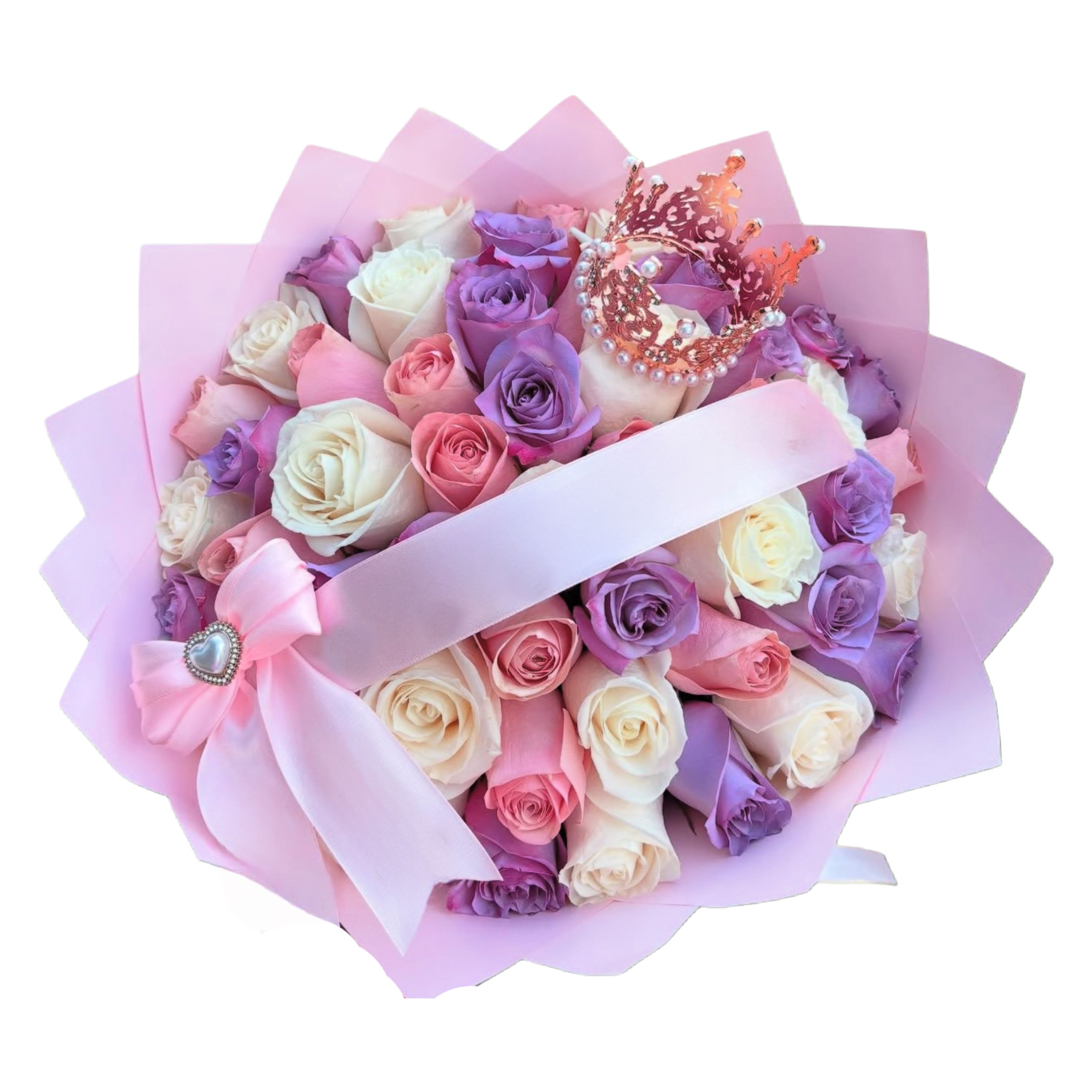Pretty in Petals - Combination of white, light pink and lavender roses bouquet. Paper wrap, crown and pink bow  