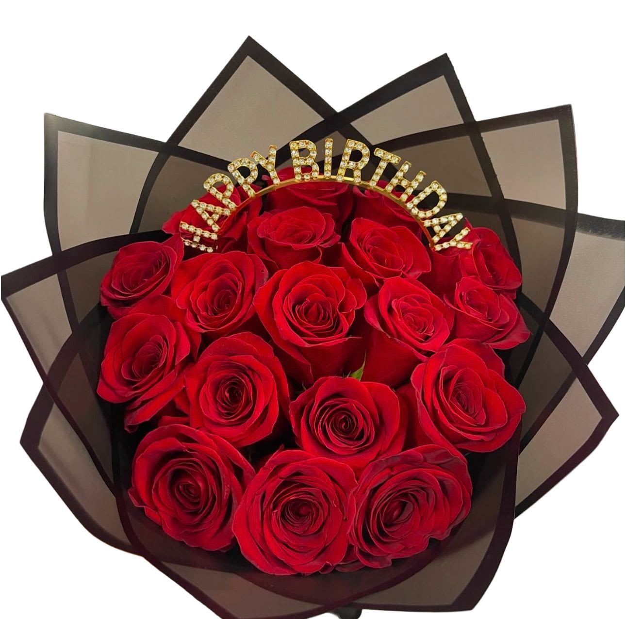 Happy birthday bouquet  - Red roses. In a black paper wrap with happy birthday tiara. 