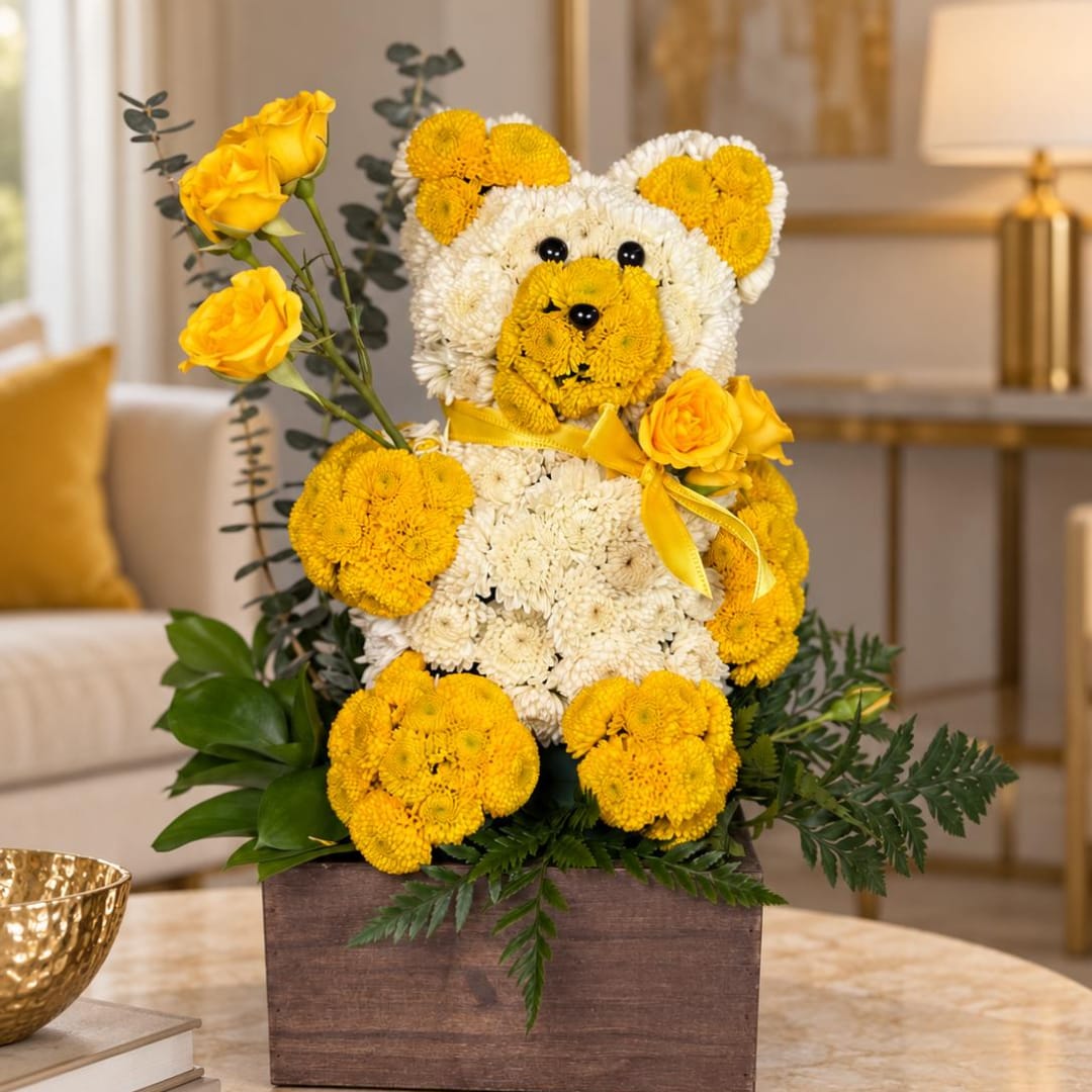 Yellow and white flower teddy bear in a wooden box with roses