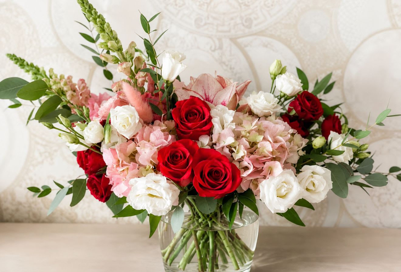 Everyday Centerpiece - Gift this everyday floral centerpiece for any occasion  Red Roses, Pink or White Hydrangea (varies on availability), White Lisianthus, Pink Snapdragon and more...  Delivers in glass or white ceramic cube. 