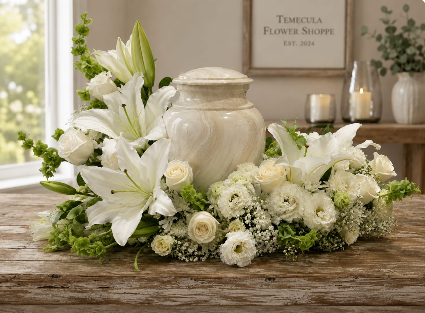 White floral arrangement with lilies and roses around a cream urn