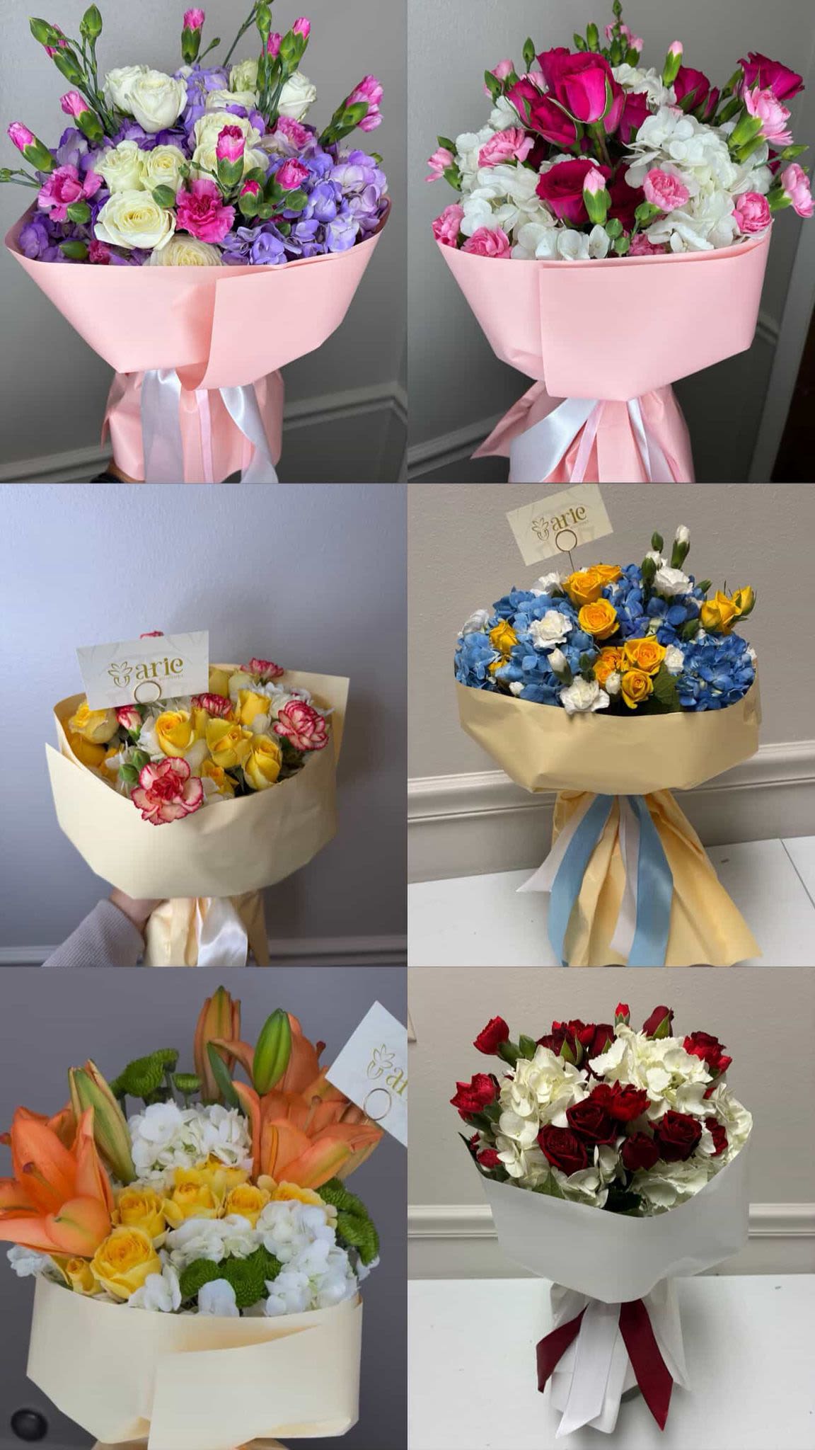 Collage of six wrapped bouquets in pastel and bold colors