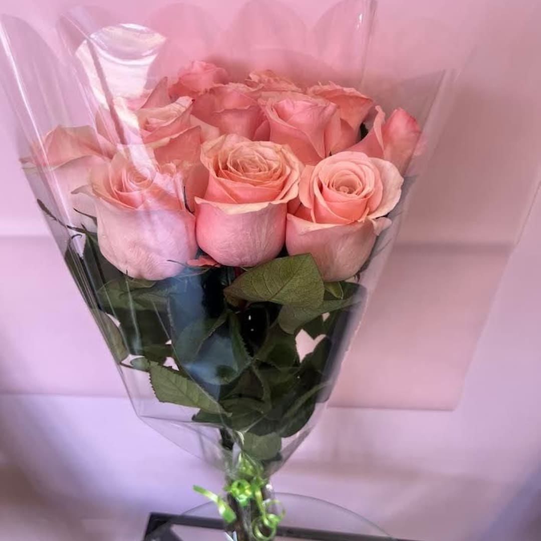 Bouquet of pale pink roses wrapped in clear plastic