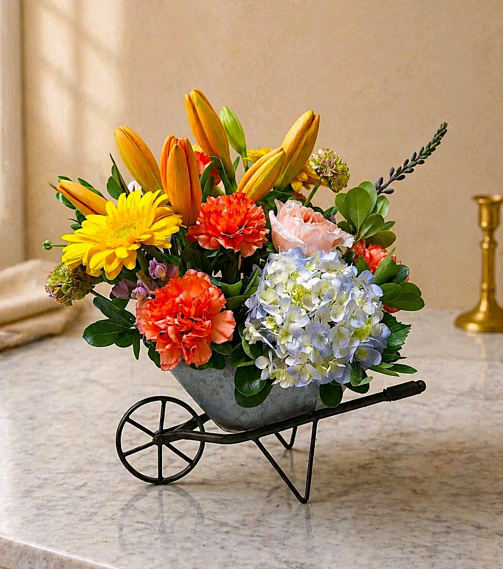 Blooming Wheel Barrel  - Sunlit yellow lilies and a cheerful yellow gerbera sit beside orange carnations and pale pink blooms in a small metal wheelbarrow-this tabletop flower arrangement is a bright, garden-inspired birthday bouquet or housewarming gift that reads as friendly and festive. The mix of warm yellows and oranges with cool, pale blue hydrangea clusters creates lively contrast so the person you're thinking of will feel genuinely celebrated and noticed.  Carefully arranged low and compact, the Blooming Wheel Barrel features lilies, carnations, hydrangeas, gerbera daisies and complementary blooms in a rustic metal wheelbarrow container that works beautifully on side tables, kitchen islands, or entryway consoles. Its small size and sturdy vessel make it an easy everyday gift for congratulations or to welcome someone home; keep stems hydrated by checking water daily and placing away from direct heat to extend freshness.