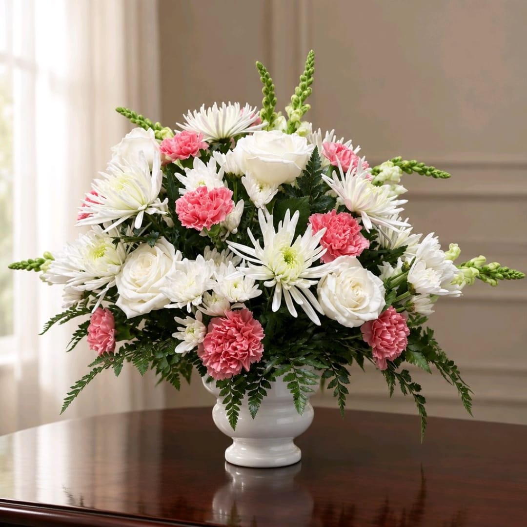 White and pink floral arrangement in a white vase on a table