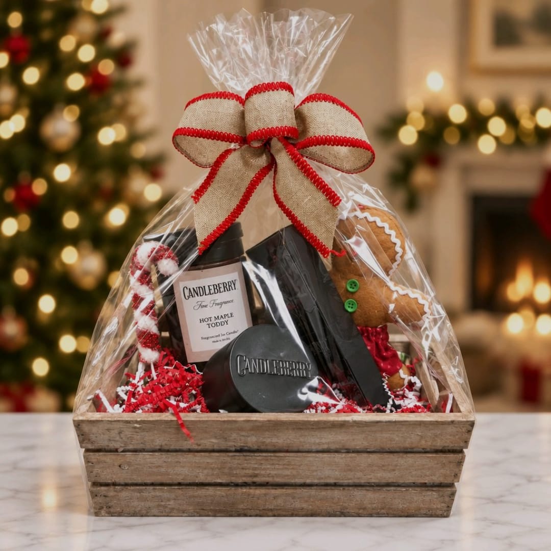 Holiday gift basket with candles and a gingerbread cookie in a wooden crate