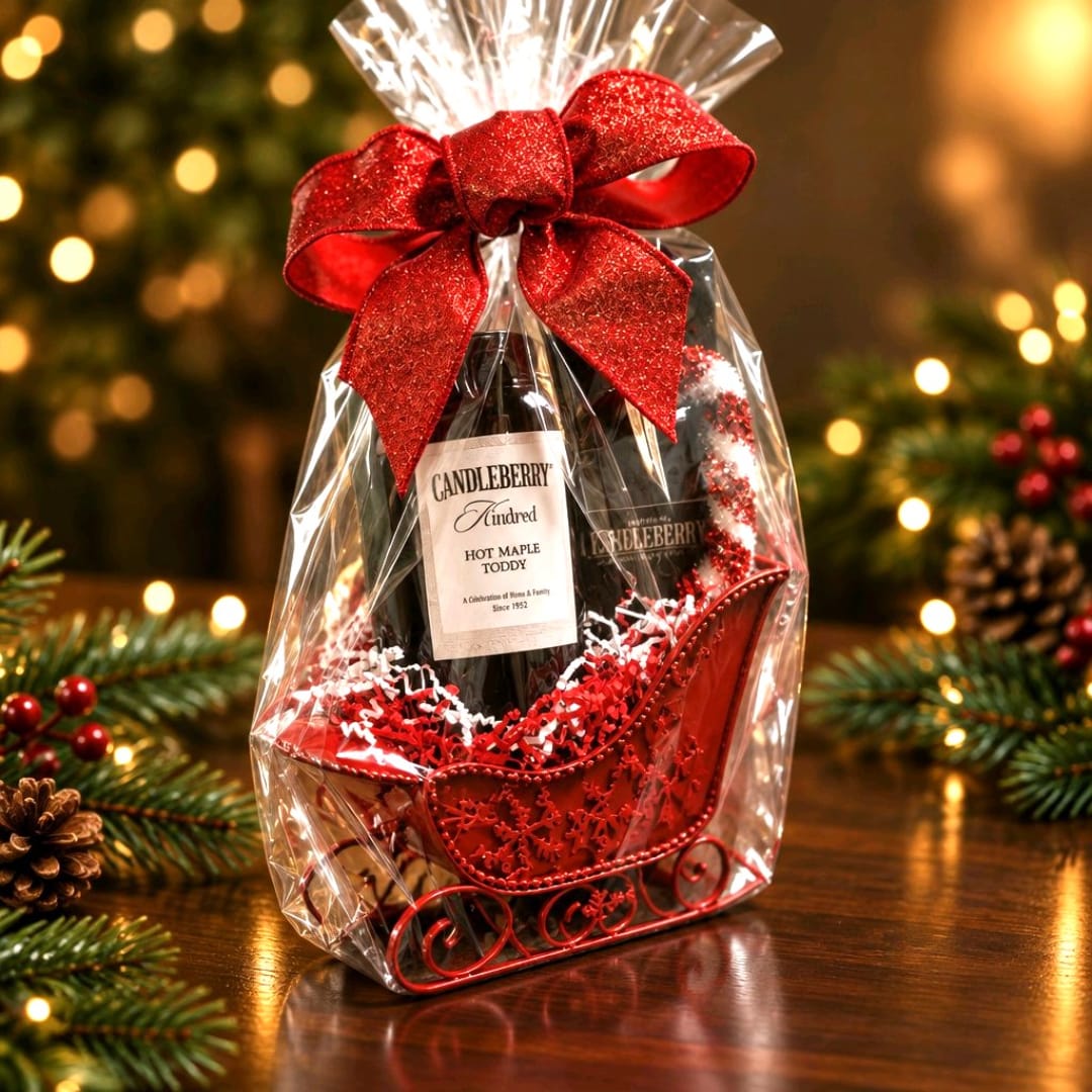 Gift basket with a bottle of hot maple toddy and a red bow
