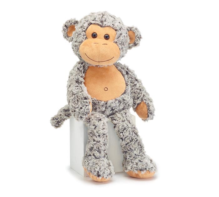 Fuzzy Monkey with cute Belly Button - Dark and light brown monkey plush. Monkey has a brown face, tunny, ears, hands, and feet. He has embroidered nostrils and smile. Tail on back with floppy arms and legs.  19" High. 11" high sitting. Set of 4.