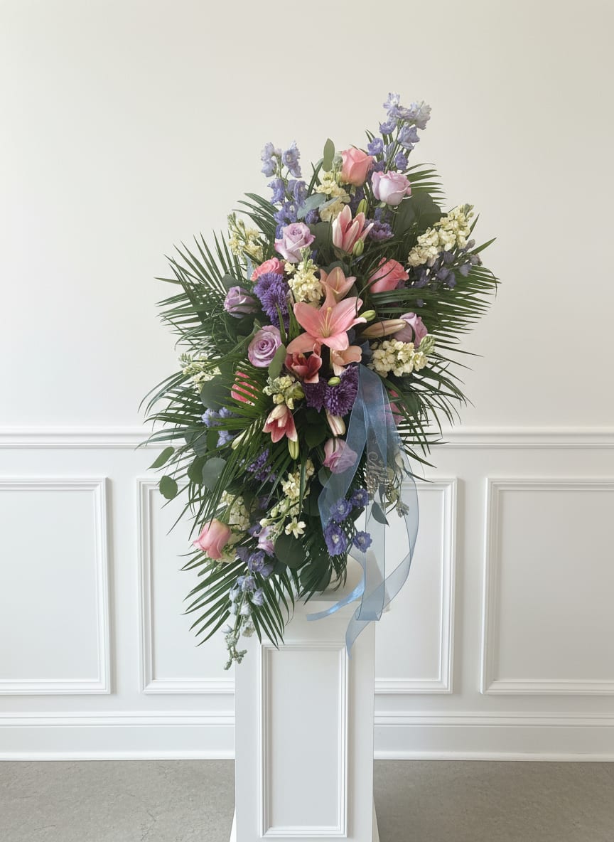 Tall floral spray with pink and lavender blooms on a white pedestal