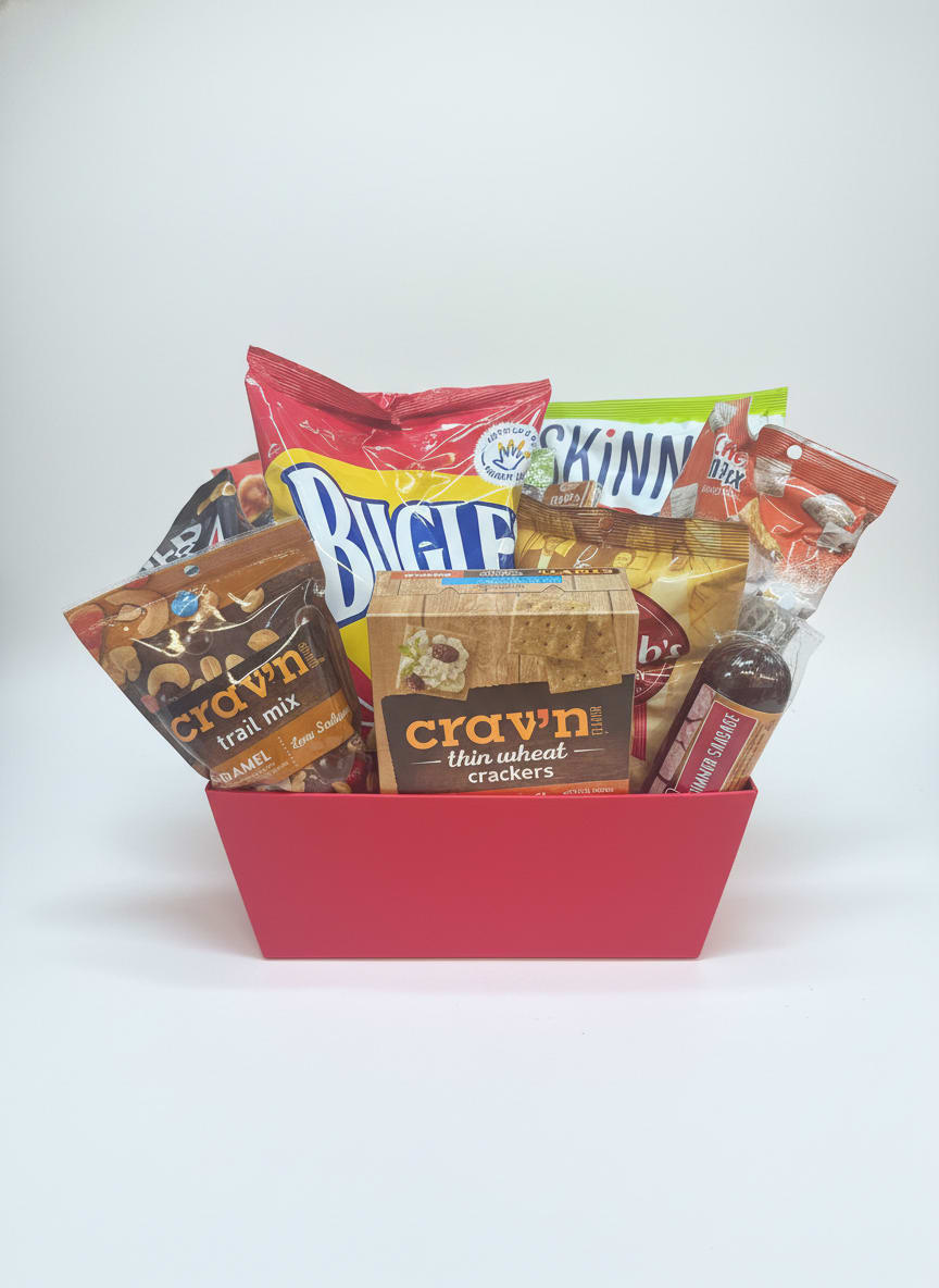 Gift basket with assorted snack packages in a pink container