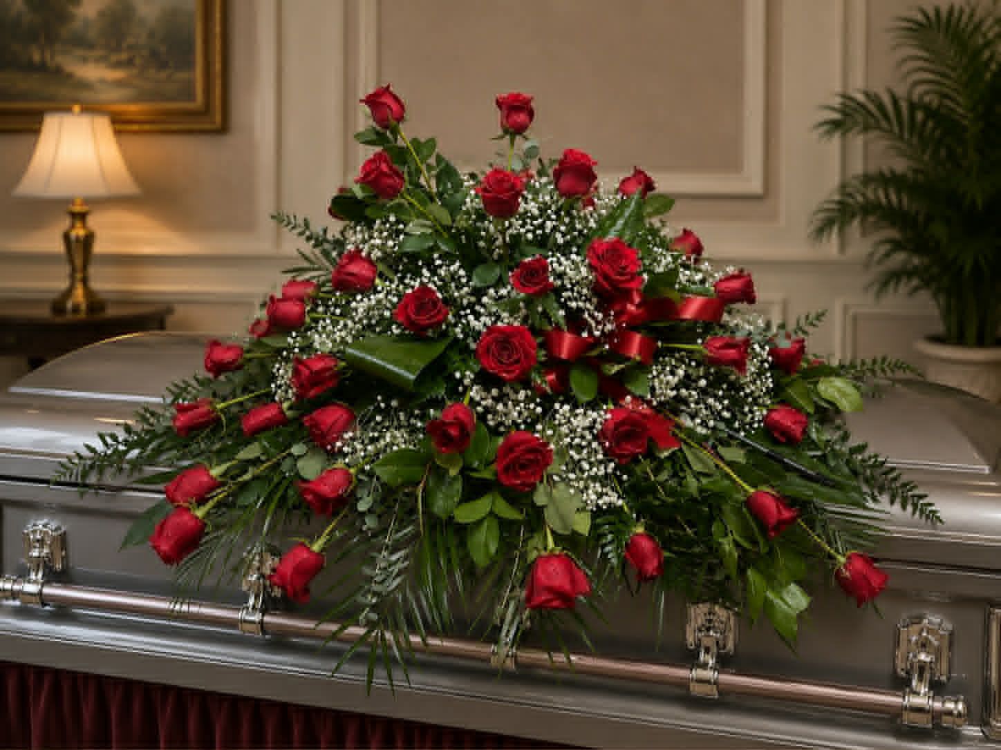 C20 - RED ROSE CASKET SPRAY  - All red roses, greens, baby's breath, includes  bow.  Standard is pictured,  Deluxe and Premium - more flowers added for value.  Banner each - $15.00   Substitutions may apply, pending flower availability.