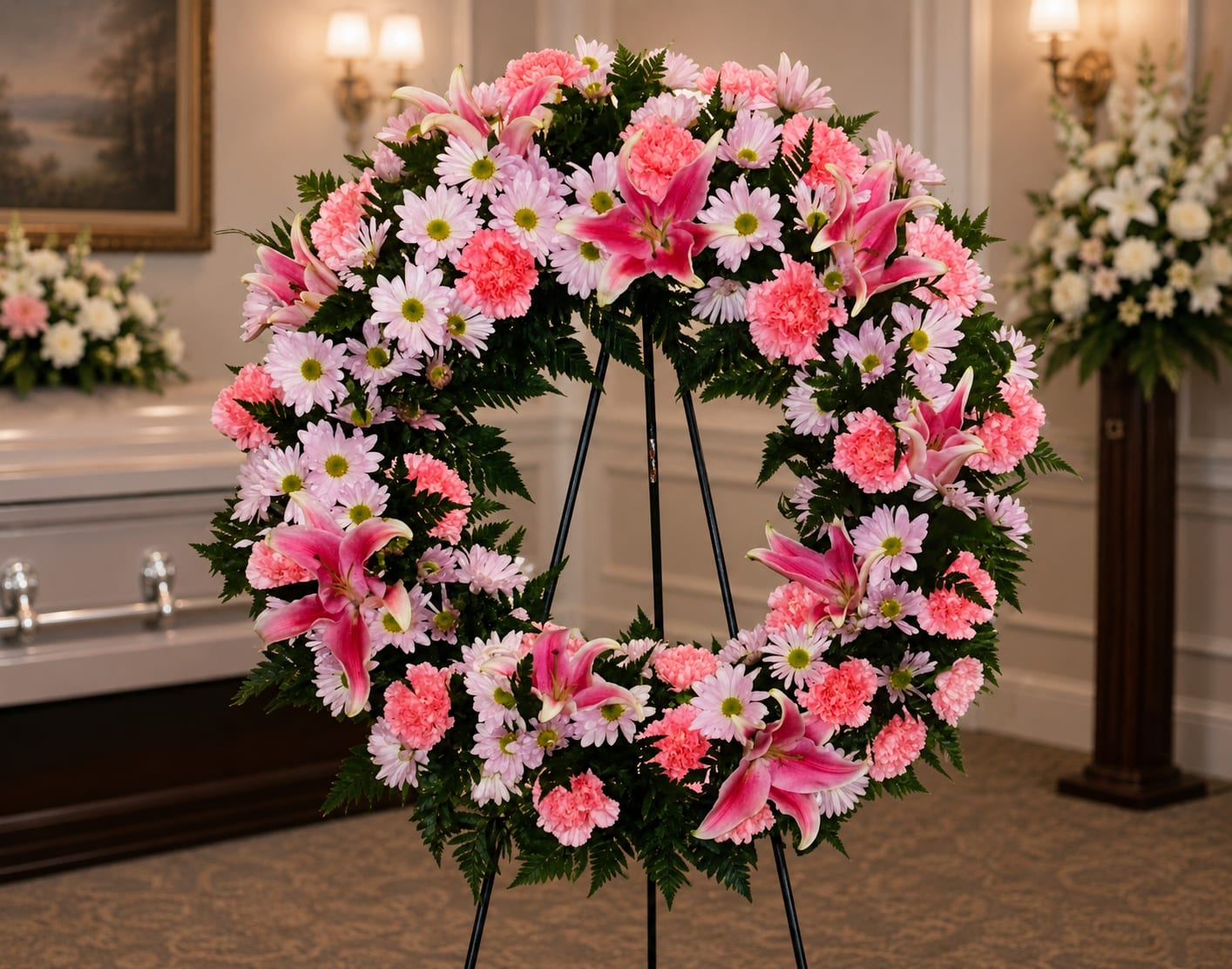 SP11 Standing Spray - An open wreath with a mixture of lavender daisies, pink carnations, stargazer lilies, greens   Banner - $15.00 + extra  Substitutions may apply due to flower availability